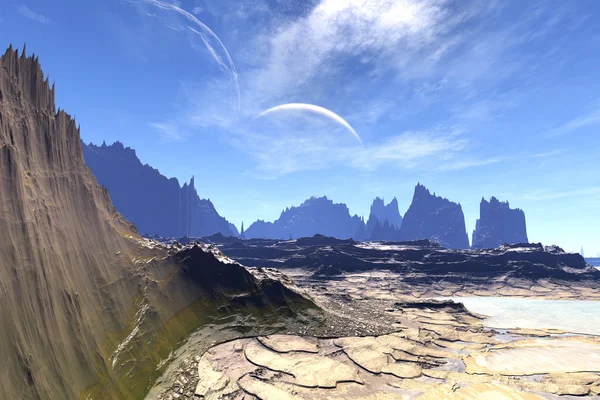 3D render fantezi uzaylı gezegenine. Kayalar ve ay