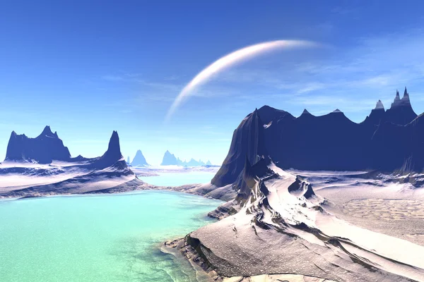3D-gerenderde fantasie buitenaardse planeet. Rotsen en maan — Stockfoto