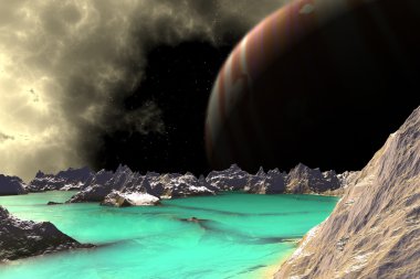 3D render fantezi uzaylı gezegenine. Kayalar ve göl 