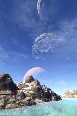 3D render fantezi uzaylı gezegenine. Kayalar ve göl 