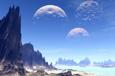 3D render fantezi uzaylı gezegenine. Kayalar ve göl 