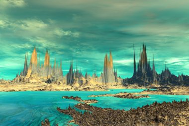 3D render fantezi uzaylı gezegenine. Kayalar ve göl 