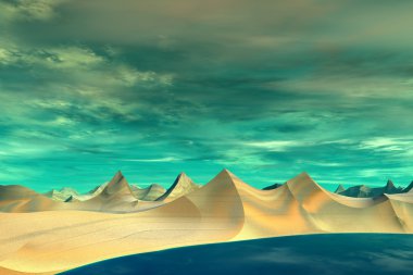 3D render fantezi uzaylı gezegenine. Kayalar ve göl 