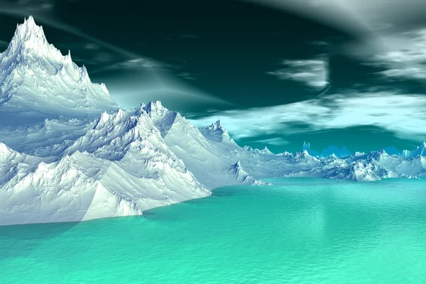 3D reso pianeta alieno fantasia. Rocce e lago — Foto Stock