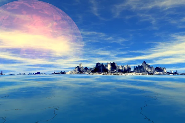 3D rendered fantasy alien planet. Rocks and lake — Stock Photo, Image