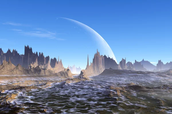 3D utsmält fantasy främmande planet. Stenar och sjön — Stockfoto