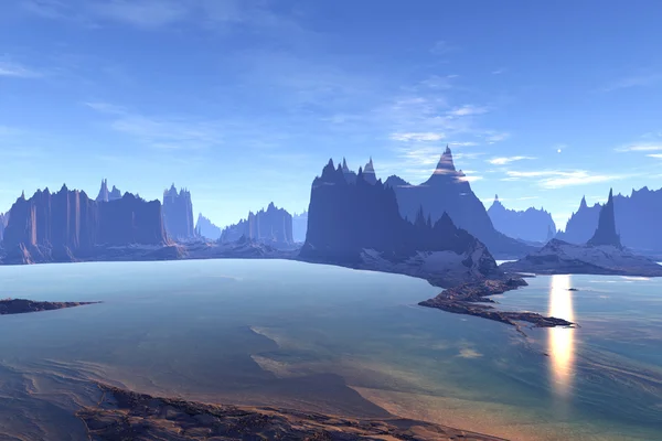 3D render fantezi uzaylı gezegenine. Kayalar ve göl — Stok fotoğraf