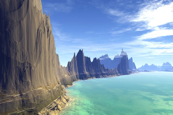 3D rendu fantasme exotique planète. Rochers et lac — Photo