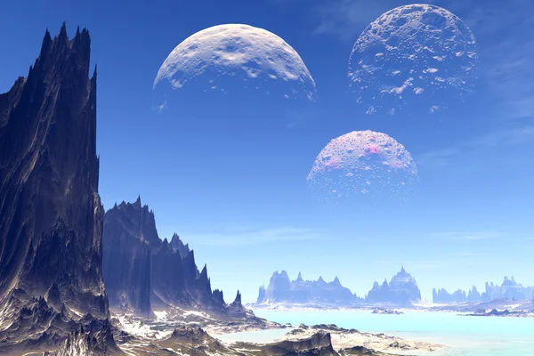 3D rendered fantasy alien planet. Rocks and lake — Stock Photo, Image