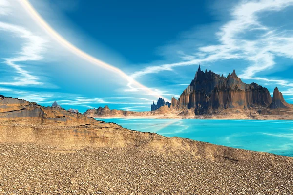 3D renderizado planeta alienígena fantasia. Pedras e lago — Fotografia de Stock