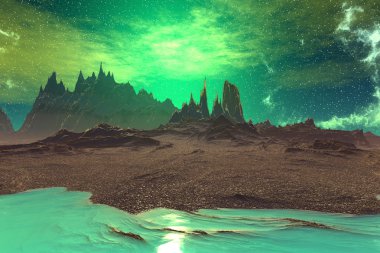 3D render fantezi uzaylı gezegenine. Kayalar ve gökyüzü 