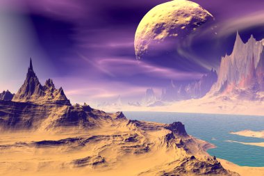 3D render fantezi uzaylı gezegenine. Kayalar ve gökyüzü 