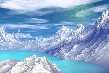 3D render fantezi uzaylı gezegenine. Kayalar ve gökyüzü 