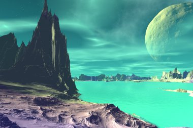 3D render fantezi uzaylı gezegenine. Kayalar ve gökyüzü 