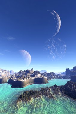 3D render fantezi uzaylı gezegenine. Kayalar ve gökyüzü 