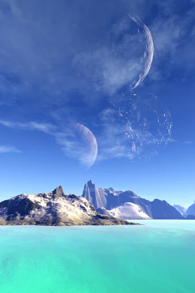 3D renderizado planeta alienígena fantasia. Pedras e céu — Fotografia de Stock