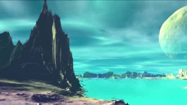 3D render fantezi uzaylı gezegenine. Kayalar ve gökyüzü