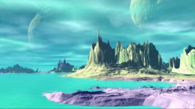 3D render fantezi uzaylı gezegenine. Kayalar ve gökyüzü