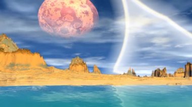 3D render fantezi uzaylı gezegenine. Kayalar ve gökyüzü