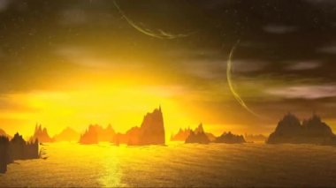 3D render fantezi uzaylı gezegenine. Kayalar ve gökyüzü