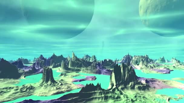 3D-gerenderde fantasie buitenaardse planeet. Rotsen en lucht — Stockvideo