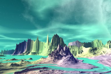 3D render fantezi uzaylı gezegenine. Kayalar ve gökyüzü 