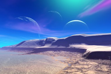 3D render fantezi uzaylı gezegenine. Kayalar ve ay