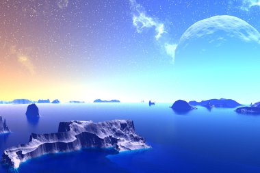 3D render fantezi uzaylı gezegenine. Kayalar ve ay