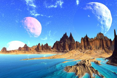 3D render fantezi uzaylı gezegenine. Kayalar ve ay