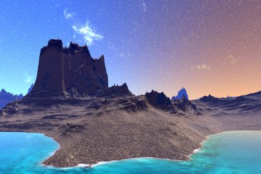 3D render fantezi uzaylı gezegenine. Kayalar ve gökyüzü 