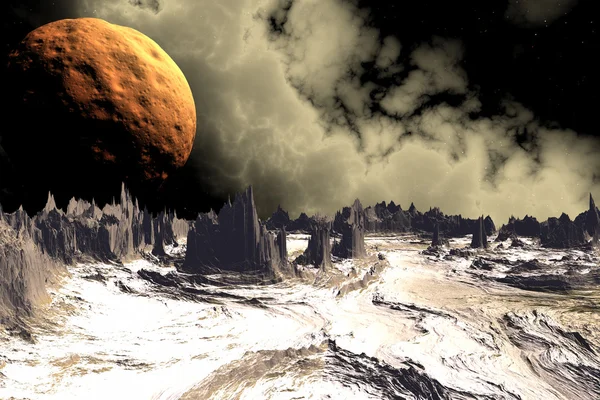 3 d レンダリングされたファンタジー エイリアンの惑星。岩と月 — ストック写真
