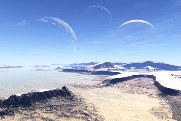 3D rendu fantasme exotique planète. Roches et lune — Photo