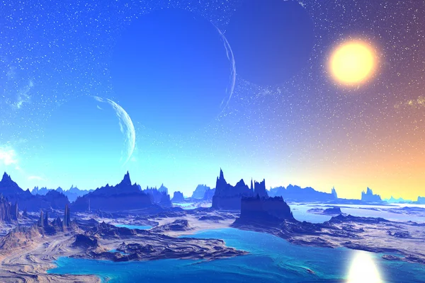 3D-gerenderde fantasie buitenaardse planeet. Rotsen en maan — Stockfoto