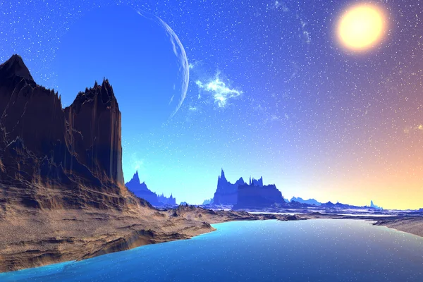 3D machte Fantasie außerirdischen Planeten. Felsen und Mond — Stockfoto