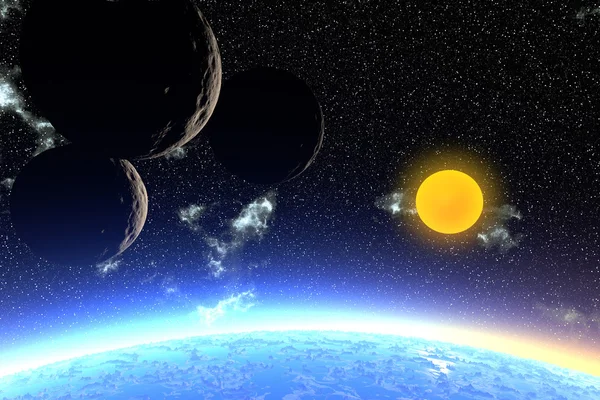 3D рендеринг фантазии чужой планеты. Камни и луна — стоковое фото