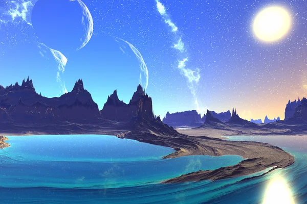 3D renderizado planeta alienígena fantasía. Rocas y luna — Foto de Stock