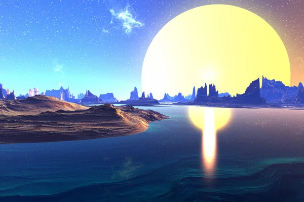 3D renderizado planeta alienígena fantasía. Rocas y luna —  Fotos de Stock