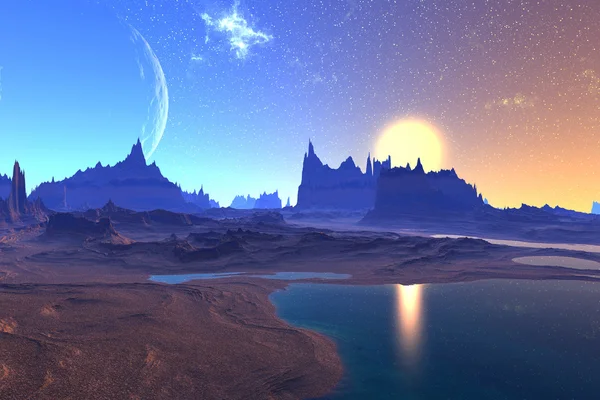 3D renderizado planeta alienígena fantasia. Pedras e lua — Fotografia de Stock