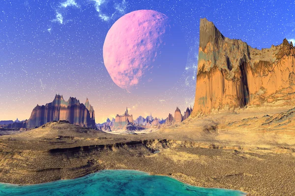 3D rendered fantasy alien planet. Rocks and  moon — Stock Photo, Image