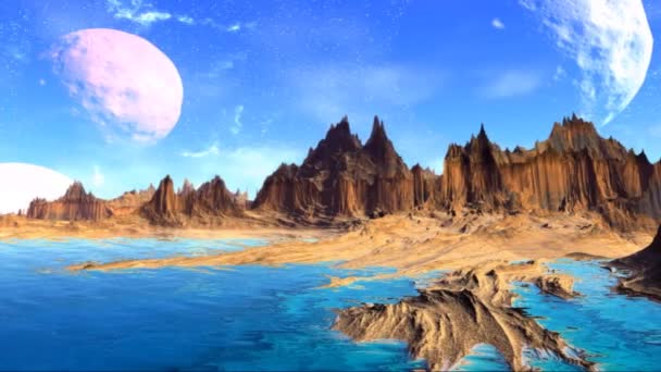 Fantasy alien planet. Rocks and  moon — Stock Video