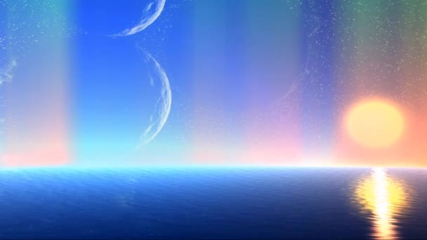 Fantasía planeta alienígena. Mar, cielo y aurora boreal — Vídeo de stock