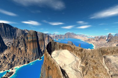 Fantezi uzaylı gezegenine. Kayalar ve göl 