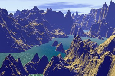 Fantezi uzaylı gezegenine. Kayalar ve göl 