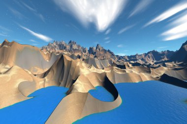 Fantezi uzaylı gezegenine. Kayalar ve göl 