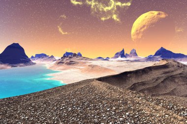 Fantezi uzaylı gezegenine. Kayalar ve göl 
