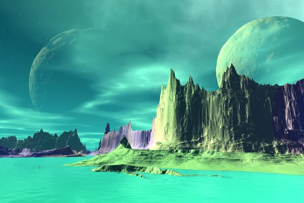 Fantezi uzaylı gezegenine. Kayalar ve ay — Stok fotoğraf