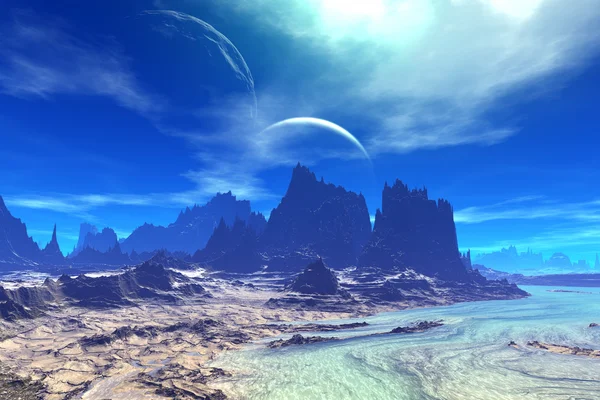 Fantasy pianeta alieno. Rocce e luna — Foto Stock