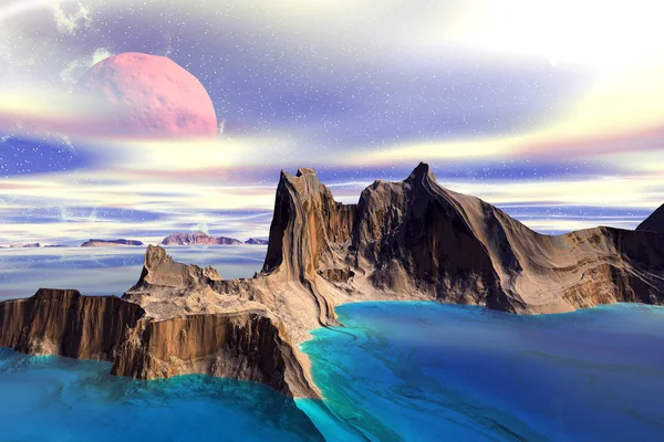 幻想外星人的星球。岩石和月亮 — 图库照片
