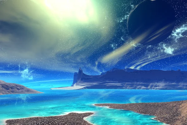 Fantasie buitenaardse planeet. Rotsen en maan — Stockfoto
