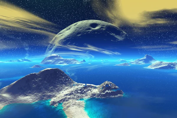 Fantasía planeta alienígena. Rocas y luna —  Fotos de Stock